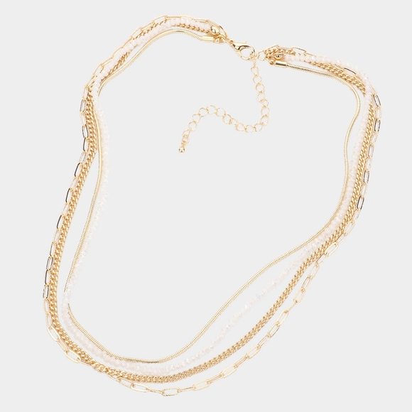 Gold Multi Layered Open Oval Link Beaded Necklace Chain Simple Strand Jewelry - Picture 2 of 2